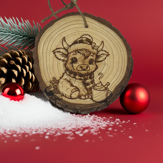Highland Cow Christmas Ornament – Winter Hat & Cocoa Engraved Wood Slice (Rustic 3–4”)
