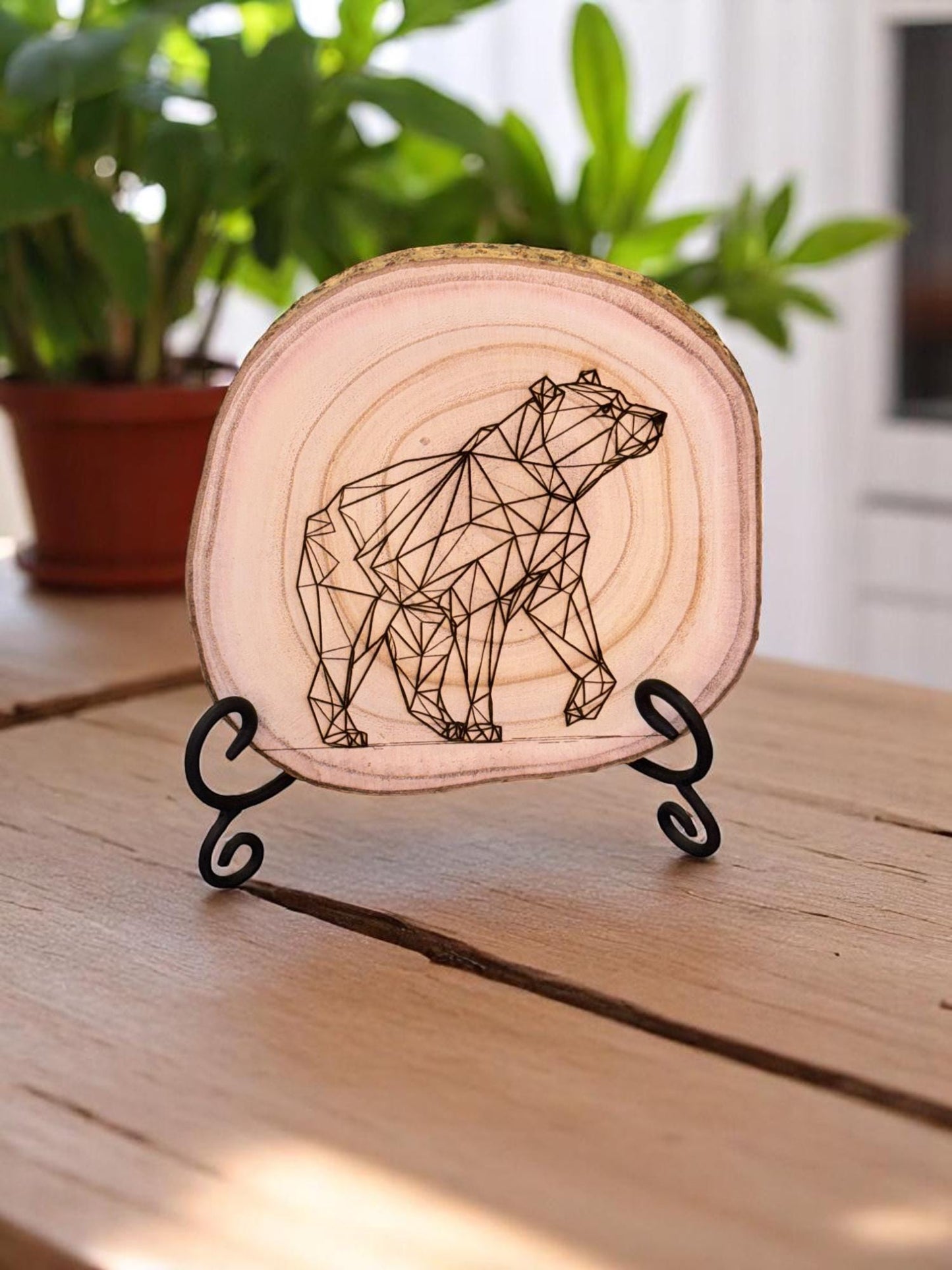 Geometric Bear Wood Slice Engraving 8–10″ Natural Wood Wall Art