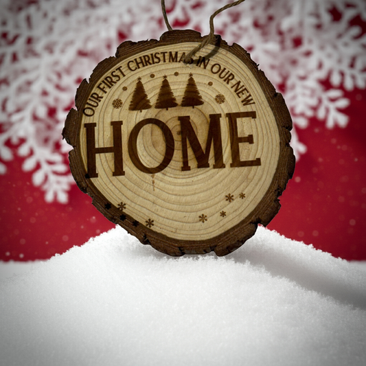 Our First Christmas in Our New Home Ornament – Personalized Engraved Wood Slice (Rustic 3–4”)
