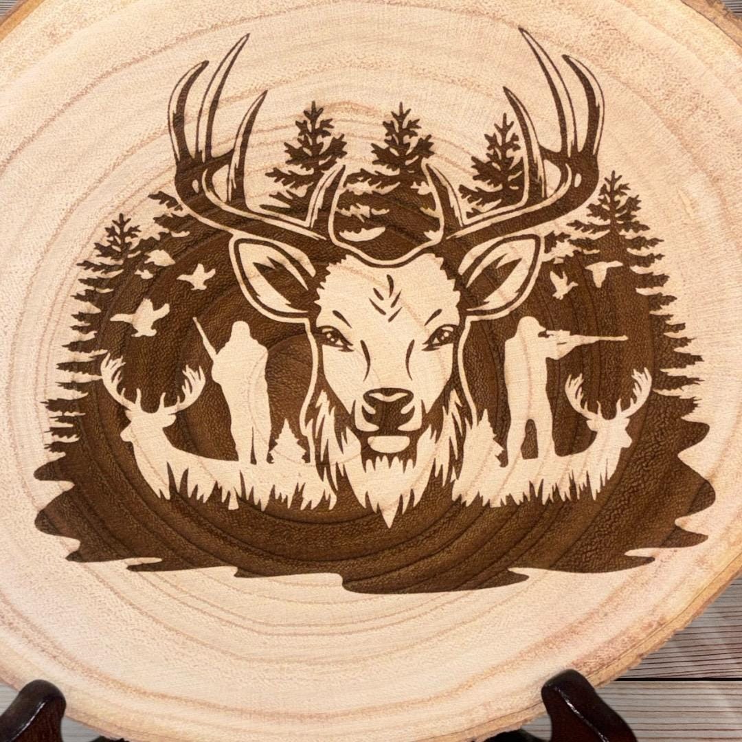 Engraved Deer Wood Slice – Rustic Live Edge Wall Decor (8–10”)
