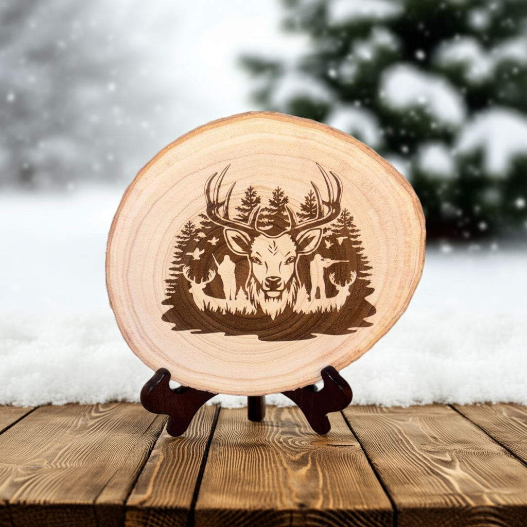 Engraved Deer Wood Slice – Rustic Live Edge Wall Decor (8–10”)