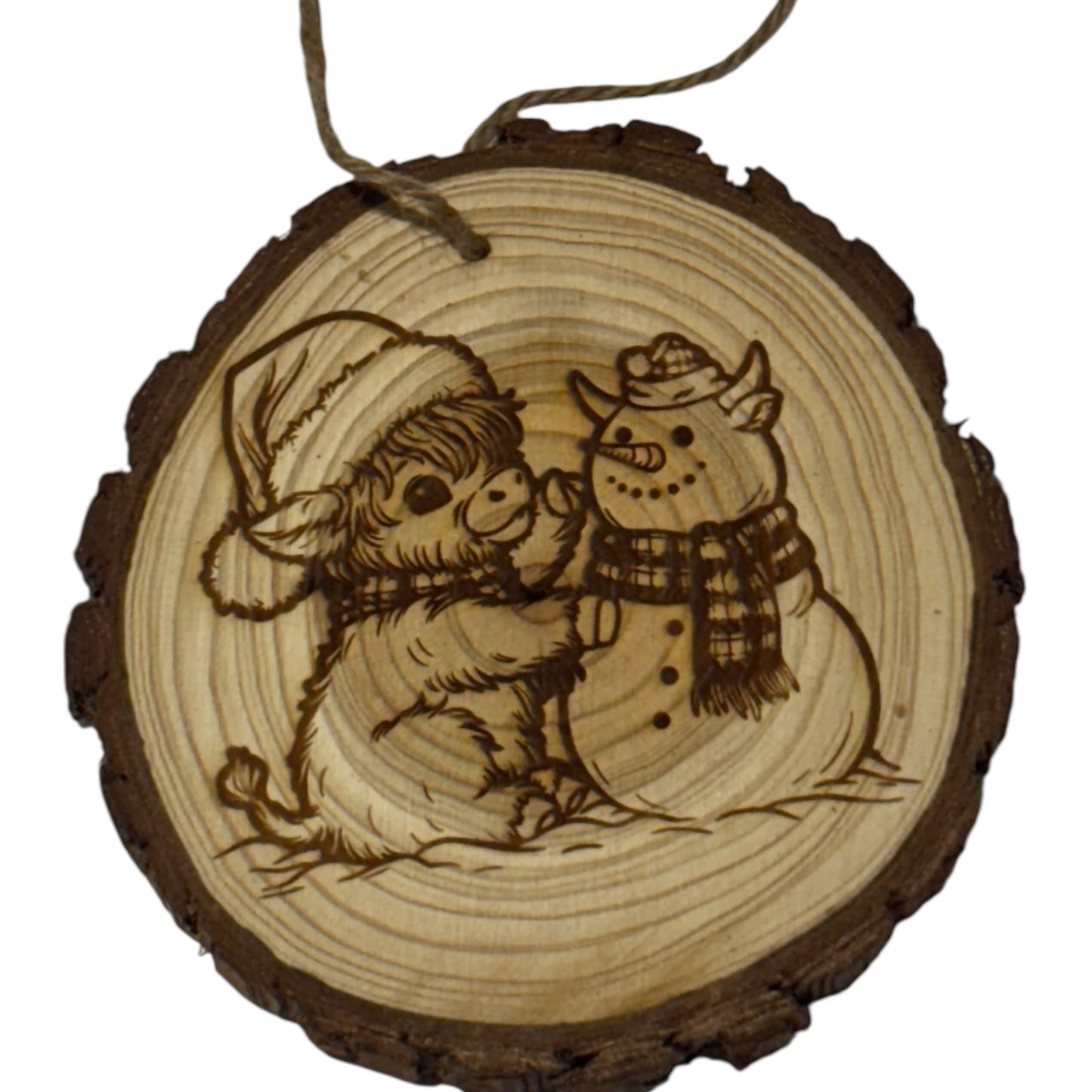 Highland Cow & Snowman Christmas Ornament – Laser Engraved Wood Slice – Limited Edition Farmhouse Decor