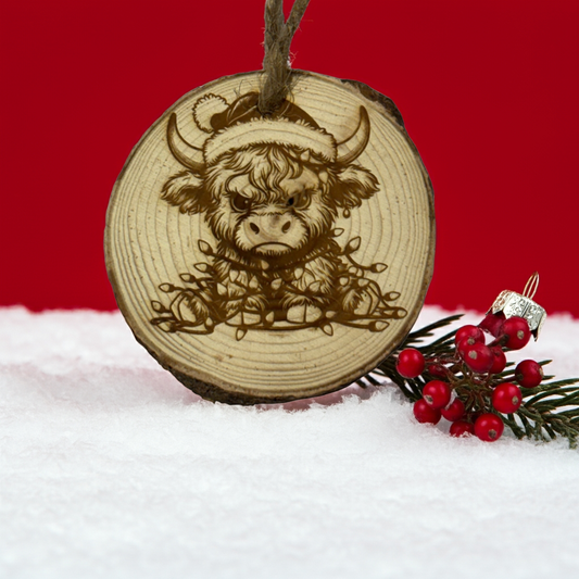 Grumpy Highland Cow Christmas Ornament – Laser Engraved Wood Slice – Limited Edition