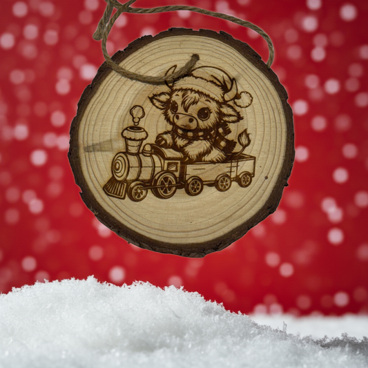 Highland Cow Train Christmas Ornament – Engraved Rustic Wood Slice with Year & Custom Back (3–4”)