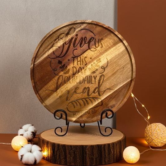 Engraved Round Bread Tray – “Give Us This Day Our Daily Bread” | 11.5” Acacia Scripture Décor