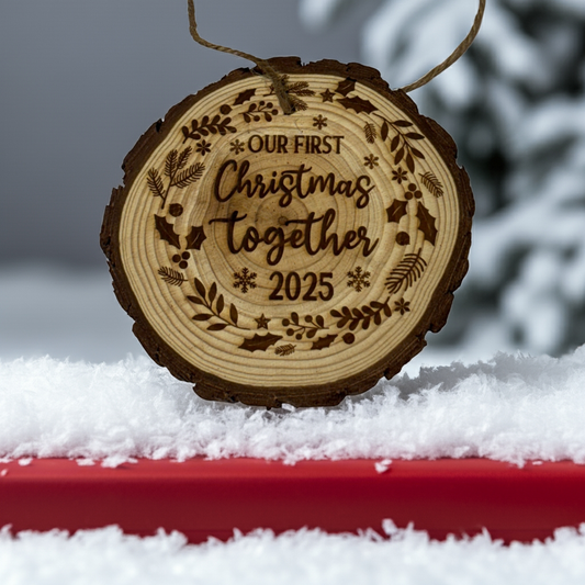 Our First Christmas Together Ornament 2025 – Personalized Engraved Wood Slice (Rustic 3–4”)