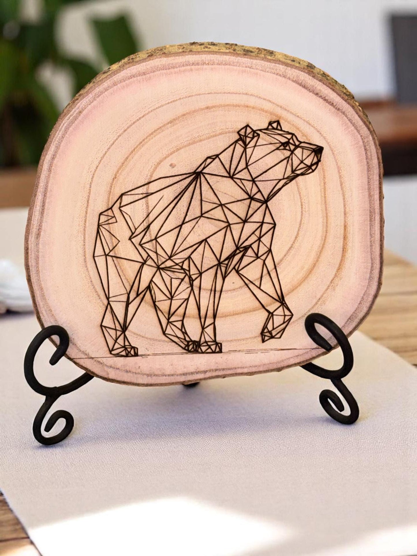 Geometric Bear Wood Slice Engraving 8–10″ Natural Wood Wall Art