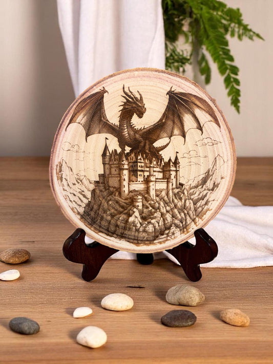 Natural 8 to 10 inch wood slice engraved with a dragon perched on top of a castle. Stand not included.