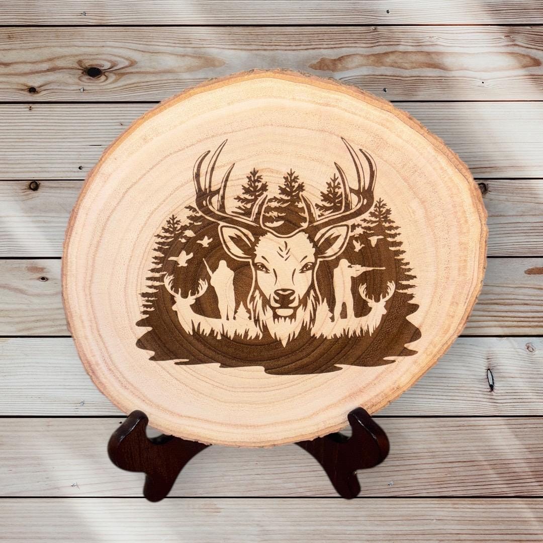 Engraved Deer Wood Slice – Rustic Live Edge Wall Decor (8–10”)