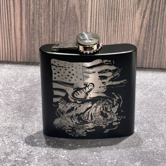 Black stainless steel flask engraved with a jumping bass fish and American flag design.