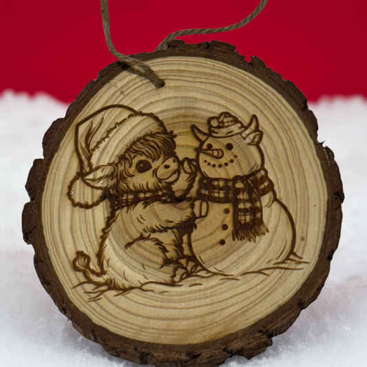 Highland Cow & Snowman Christmas Ornament – Laser Engraved Wood Slice – Limited Edition Farmhouse Decor