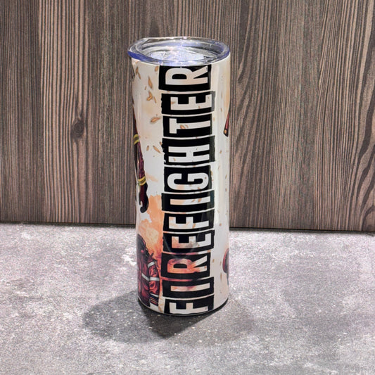20 oz stainless steel skinny tumbler featuring firefighter-themed artwork and bold FIREFIGHTER lettering with lid and straw.