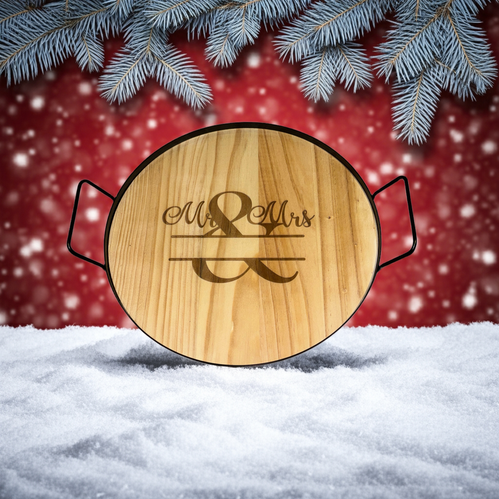 Engraved Mr & Mrs Round Tray – Personalized Wood & Metal Wedding Gift | 11.75”