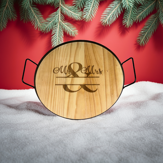 Engraved Mr & Mrs Round Tray – Personalized Wood & Metal Wedding Gift | 11.75”