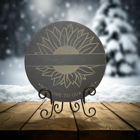 Engraved Round Slate Sign – “Welcome to Our Home” | Sunflower Design | 9.5” Rustic Decor