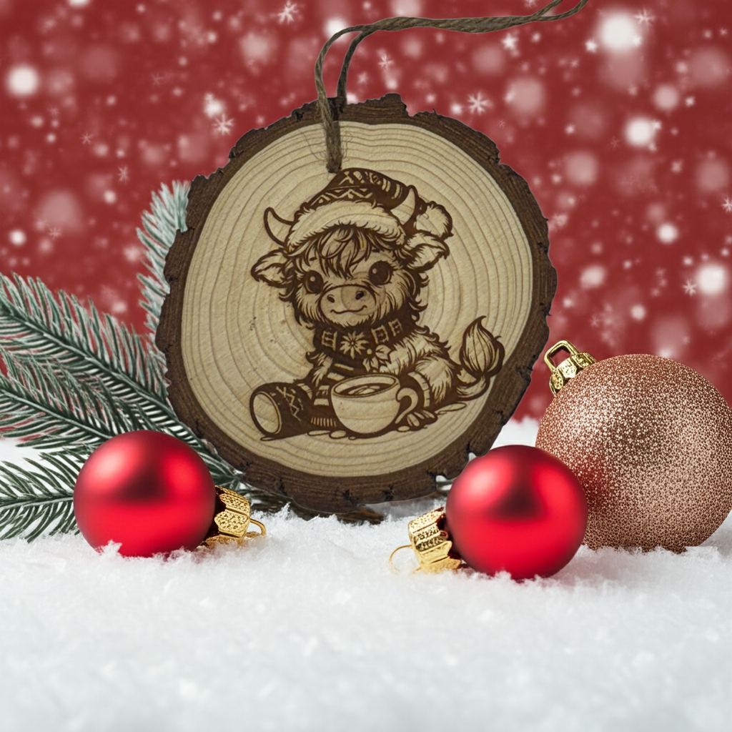 Limited Edition Highland Cow with Cocoa Christmas Ornament – Engraved Rustic Wood Slice (3–4”)