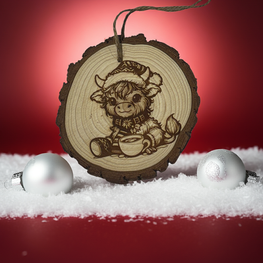 Limited Edition Highland Cow with Cocoa Christmas Ornament – Engraved Rustic Wood Slice (3–4”)