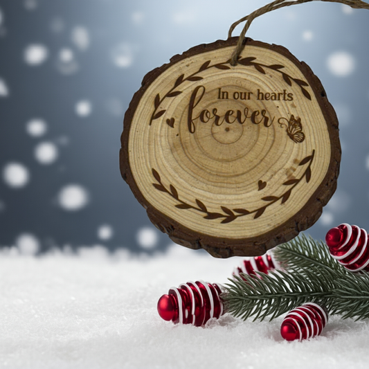 n Our Hearts Forever Memorial Ornament – Personalized Engraved Wood Slice (Rustic 3–4”)
