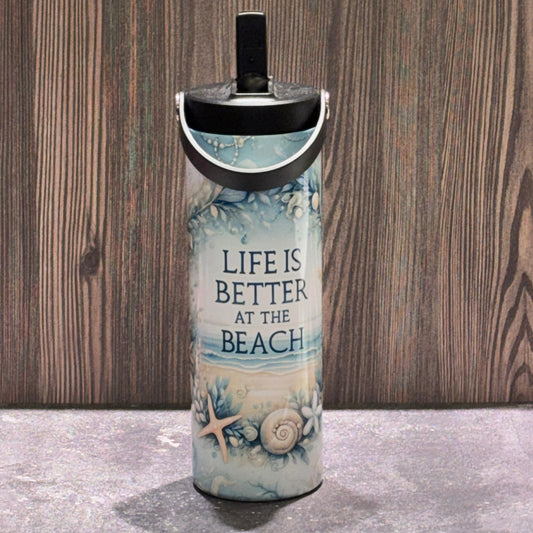 20 oz stainless steel leakproof water bottle featuring a coastal beach design with seashells, starfish, ocean artwork, and Life Is Better at the Beach text.