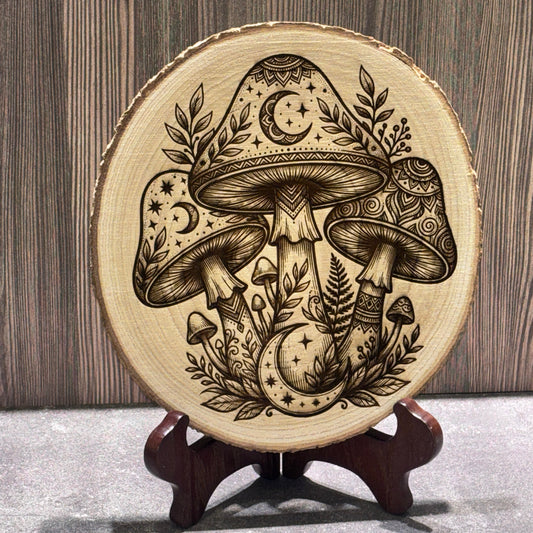 Natural 8 to 9 inch wood slice engraved with detailed mushrooms, crescent moons, stars, and botanical accents. Stand not included.
