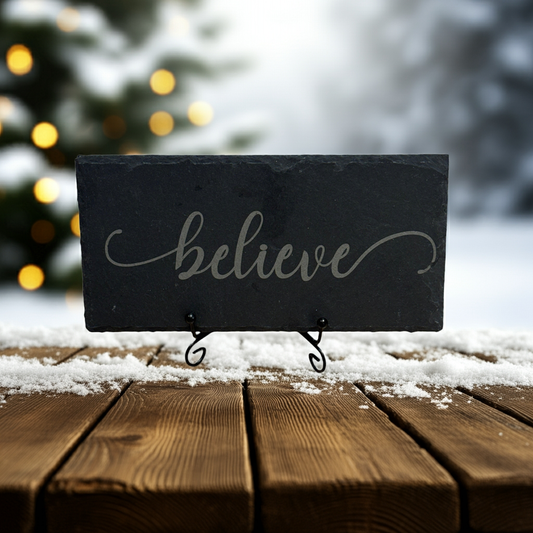 Engraved Slate Sign – “Believe” | Inspirational 8x4 Tabletop Décor