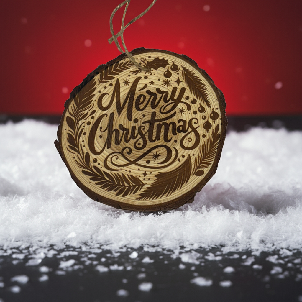 Engraved Custom Merry Christmas Wreath Wood Slice Ornament – Live Edge (3–4”)