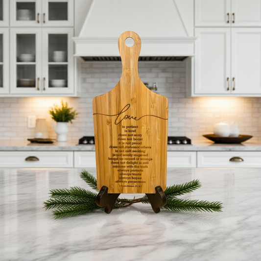 Engraved Bamboo Scripture Board – 1 Corinthians 13:4–7 | “Love Is Patient” Mini Cutting Board