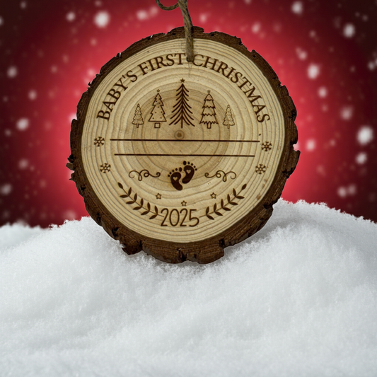 Baby’s First Christmas Ornament 2025 – Personalized Engraved Wood Slice Keepsake (3–4”)