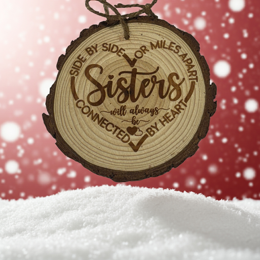 Personalized Sisters Christmas Ornament – Engraved Wood Slice Keepsake (Rustic Live Edge 3–4”)