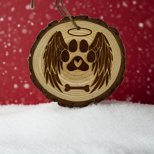 Angel Paw Pet Memorial Ornament – Custom Pet Name on Front, Year on Back – Laser Engraved Wood Slice